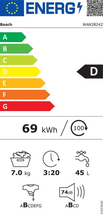 Energie-Label Bosch Hausgeräte Serie 4 WAN28242 Waschmaschine Freistehend Frontlader D (7 kg, Links)