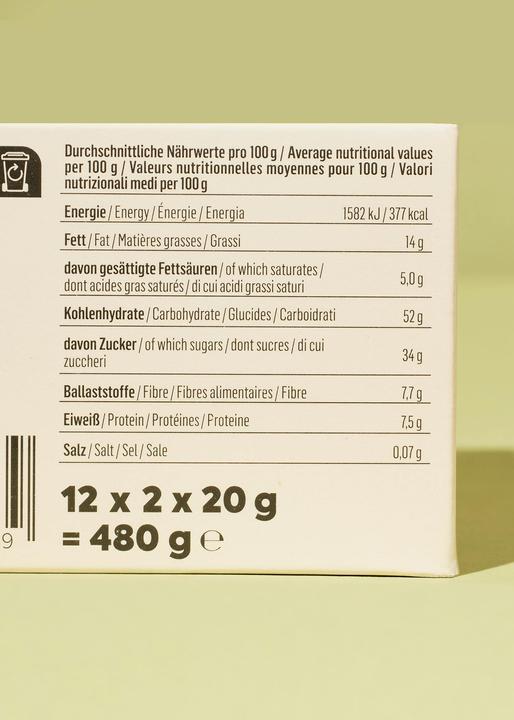 Valori nutrizionali e ingredienti KoRo Biscotto di avena biologico con ripieno di prugne e copertura di cioccolato fondente (480 g)
