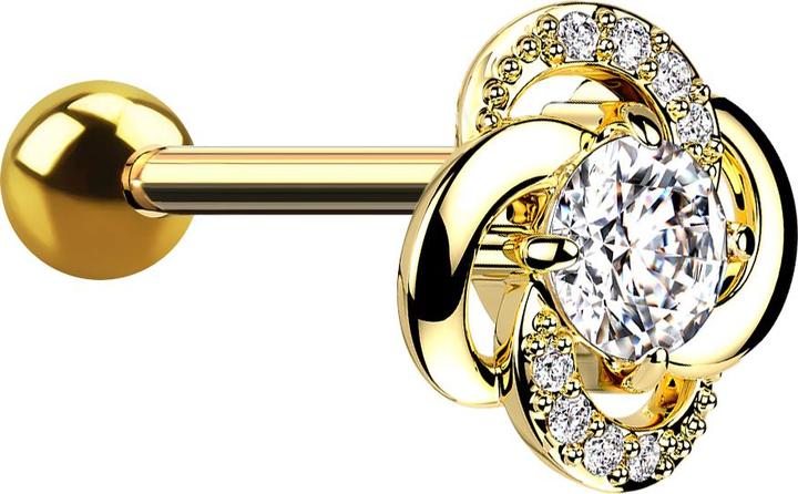 Produktbild Star Piercing Micro Barbell vergoldet mit Kugel und Blume gorsser Kristall mittig (Chirurgenstahl 316L, Messing)