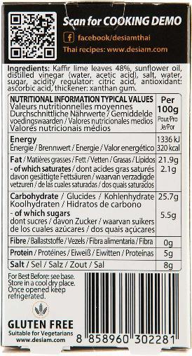 Nutritional values and ingredients deSiam Kaffir Leave Paste 30 g (30 g)