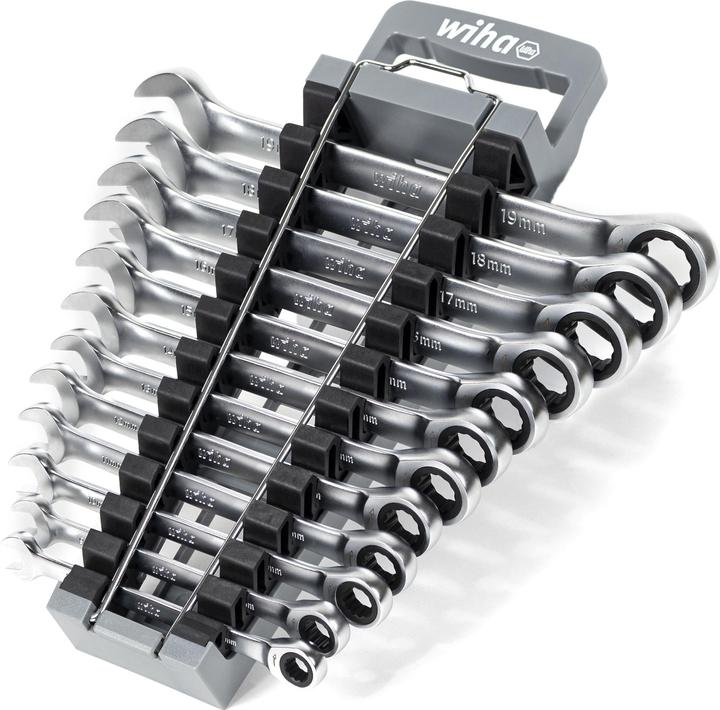 Produktbild Wiha Ringratschen-Gabelschlüssel Set 12-tlg. inkl. Halter I Ring Ratschenschlüssel Set 8-19 mm (19 mm, 16 mm, 18 mm, 13 mm, 15 mm, 17 mm, 10 mm, 11 mm, 12 mm, 14 mm, 8 mm, 9 mm)