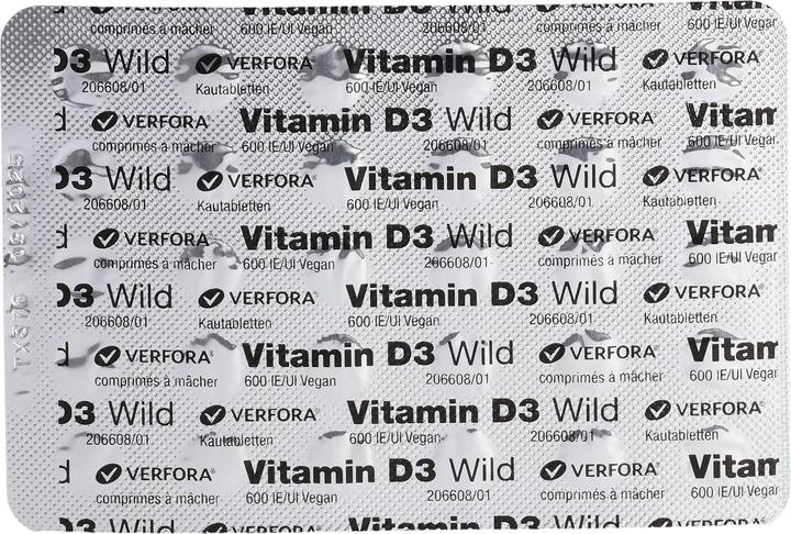 Valeurs nutritives et ingrédients Wild Pharma Vitamine D3 sauvage 600 IE vegan 60 pcs. (90 pièce(s), Cachets, 25 g)