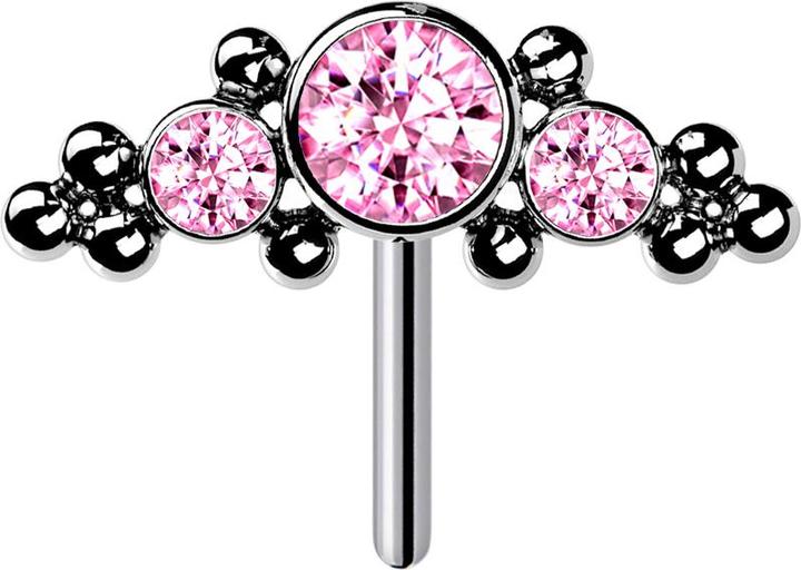 Produktbild Star Piercing Threadless silber front mittig mit Kugeln und drei Kristalle pink (Titan G23, ohne Messing)