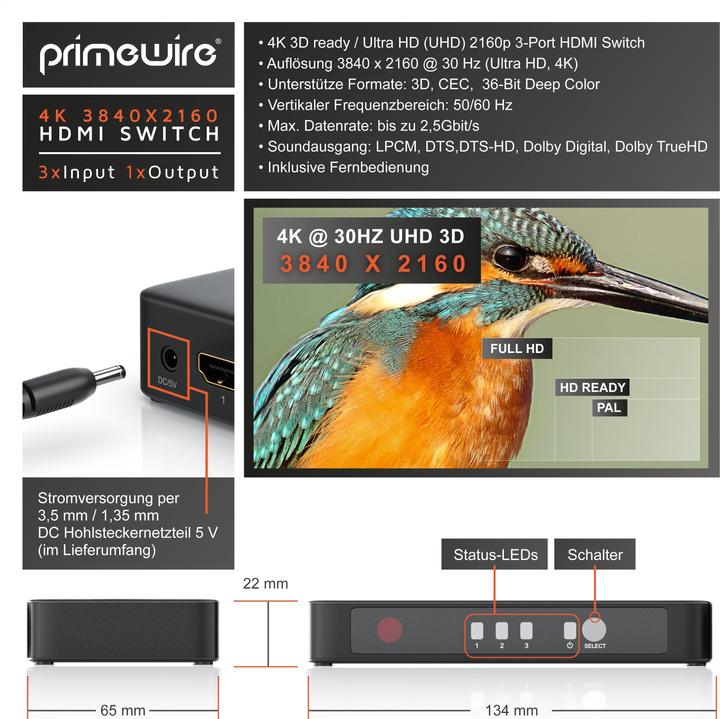 Produktbild Primewire 4k HDMI Switch 3 Port mit Fernbedienung / 3D + CEC / 2160p 30Hz