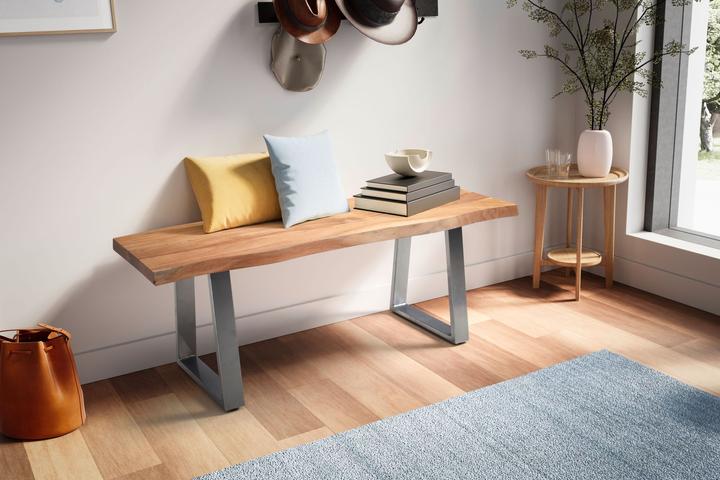 Produktbild FineBuy Garderobenbank Sitzbank Akazie Massivholz 120 cm Baumkante Flurbank (120 cm)