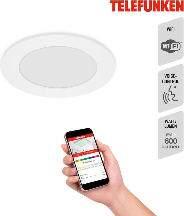 Produktbild Telefunken LED Einbauleuchte IP23 dimmbar WiFi RGBW 6W 600 lm warmwei - tageslichtwei rund wei 12/110 mm (600 lm)