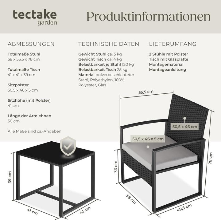 Produktbild tectake Rattan Sitzgruppe Granada mit Tisch für 2 Personen schwarz