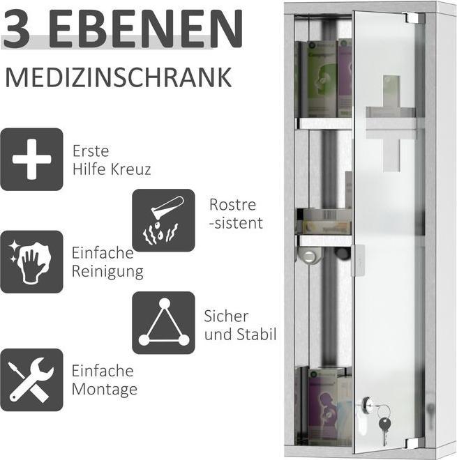 Actual product image Swisshandel24 Medicine cabinet First aid cabinet with lock 3 compartments frosted glass 430 stainless (20 x 12 x 58 cm)