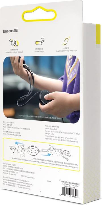 Productafbeelding Baseus Golden Loop Drie-in-één Elastische Datakabel USB voor M+L+T 3,5A 1,2m Zwart (1.20 m, USB 3.2 Gen 1)
