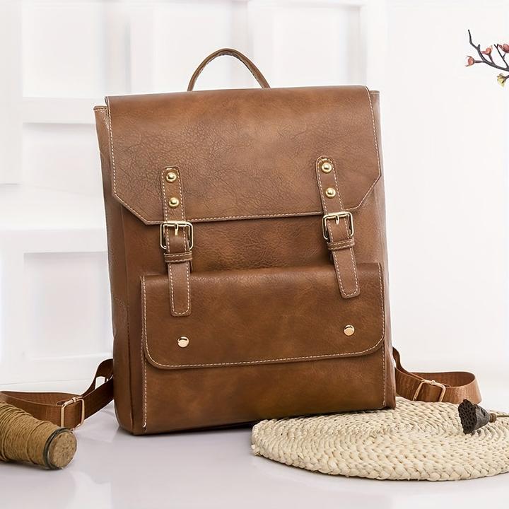Produktbild Only-Bags.Store Vintage Schnalle Dekor Klappe Backpac, Preppy Style Schultasche, solide Farbe Laptop Daypack