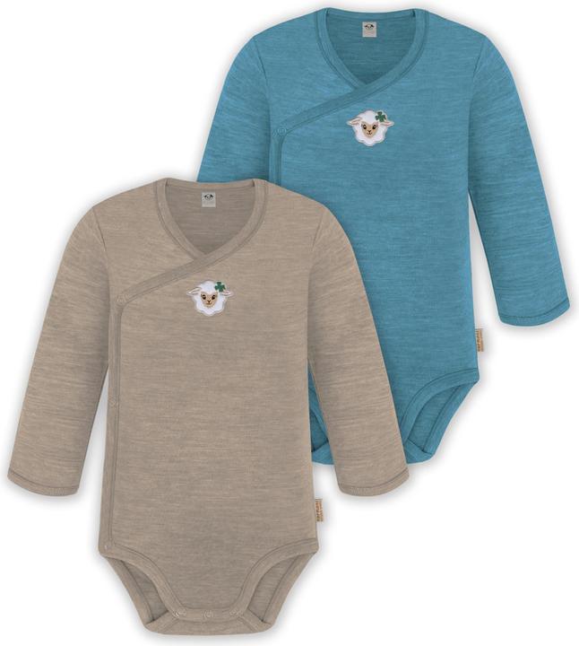 Normani 2er Set Unisex Baby Wickelbody Langarm-Strampler Einteiler aus Merinowolle - 9351