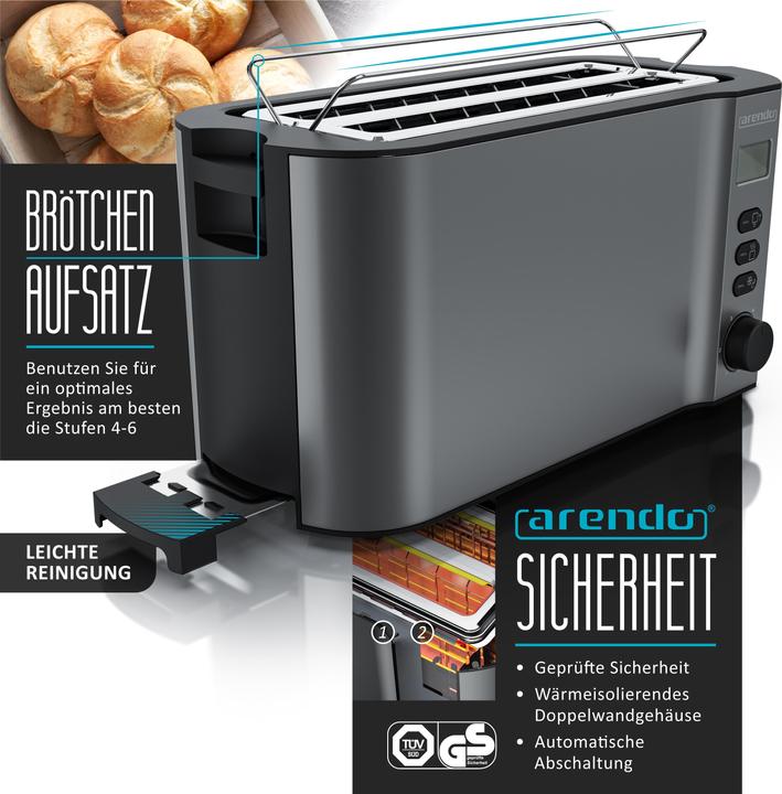 Produktbild Arendo Frühstücks Set, Wasserkocher 1,5l Temperaturwahl, 4-Scheiben Toaster & Eierkocher für 7 Eier, Grau
