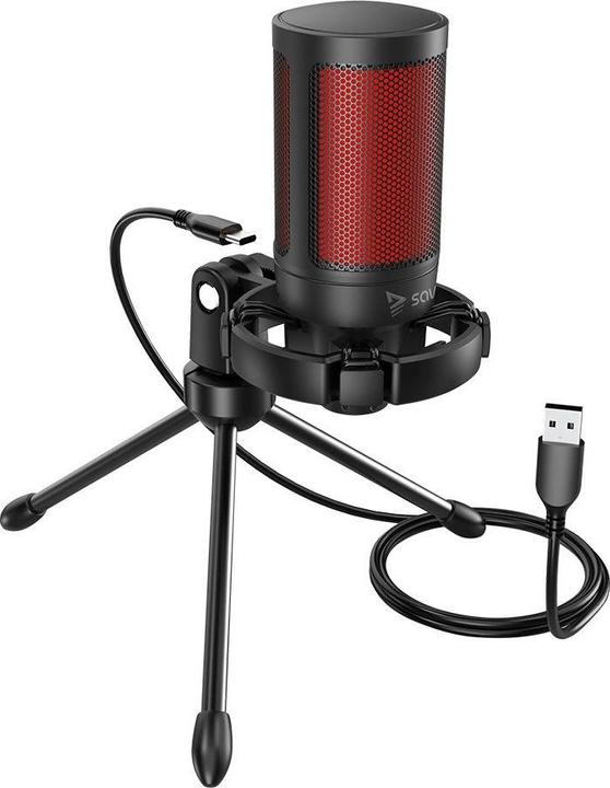 Actual product image Savio gaming microphone on a tripod, illuminated by 01 sonar, in-ear, anti-flow bag