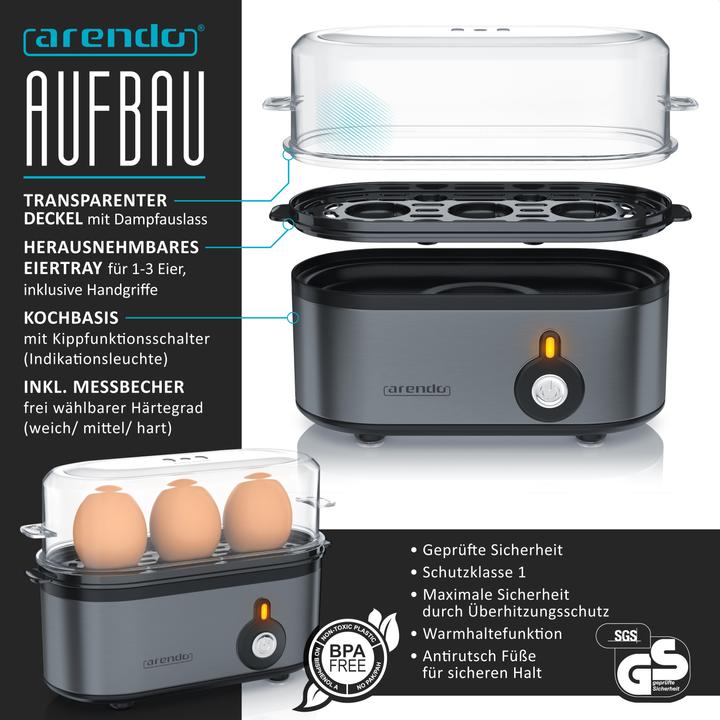 Actual product image Arendo Breakfast set, kettle 1.5l temperature selection, 2-slice toaster & egg cooker for 3 eggs, grey