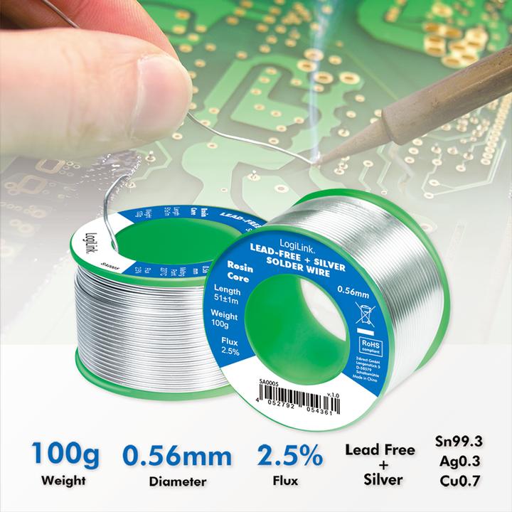 Immagine prodotto LogiLink Filo di saldatura Ø 0,56 mm (senza piombo + argento), 0,7% rame, 100g Ro