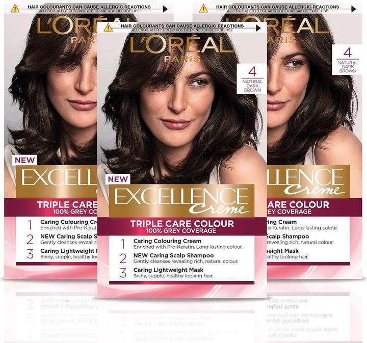 L'Oréal Paris Excellence Haarfarbe, Dunkelbraun, 3er Pack (4 Dunkelbraun)