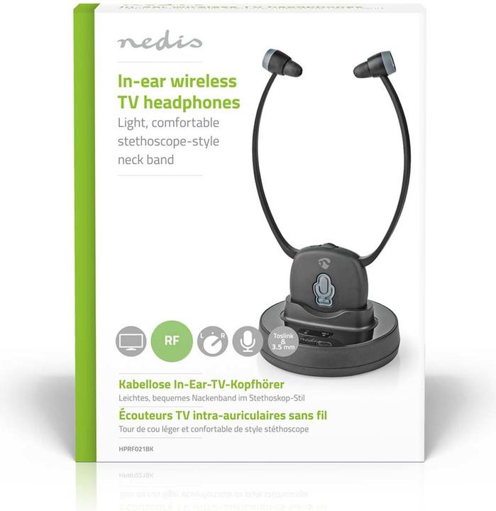 Produktbild Nedis HPRF021BK Wireless-TV-Kopfhörer RF Im Ohr max. Batteriespielzeit: 7 hrs 25 m Digital Audio La (7 h, Kabelgebunden)