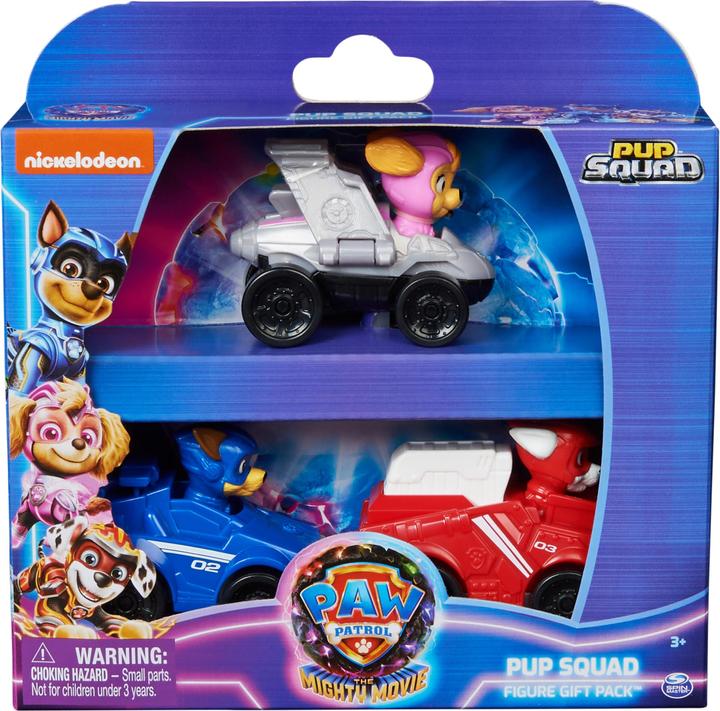 Actual product image Spin Master PAW Patrol: Il super film, Pup Squad Gift Pack con 3 veicoli, con auto giocattolo di Chase, Skye e M