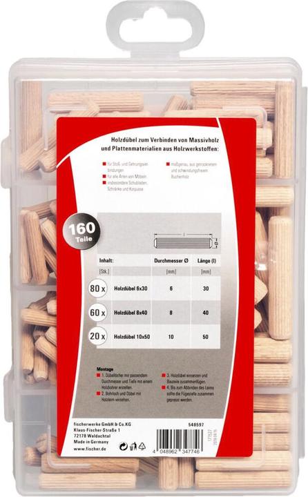 Produktbild Fischer Praktische Helfer Leimen & Verbinden, Sortimentbox mit 160 Holzdübeln, Set für sichere Verbi (160 Stk.)