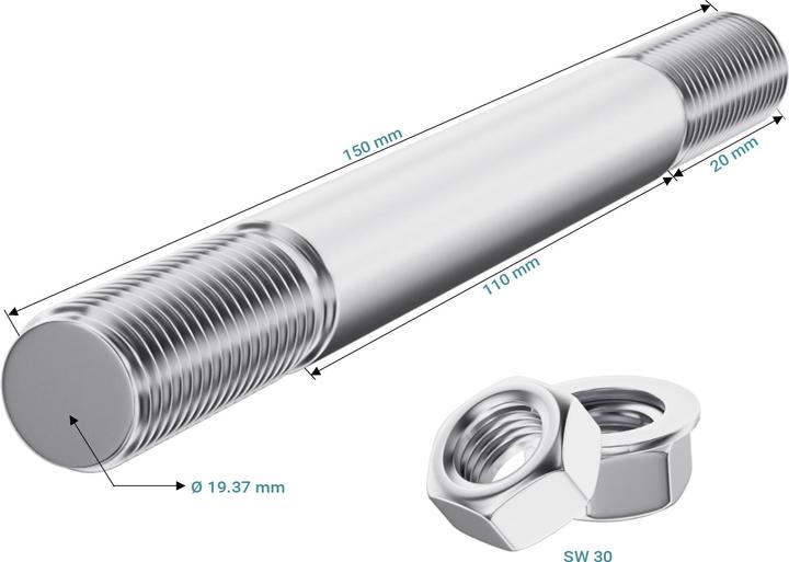 Image du produit Wiltec Axe traversant standard pour brouette Grandeur 150x20mm