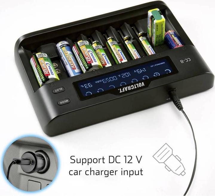 Actual product image Voltcraft CC-8 Round Cell Charger (1 pcs., 10340, 14500, 16340, 17500, 17650, 18490, 18500, 18650, 21700, 22650, 26500, 26650, AAA, A, AA, Sub-C, 9V Block, Chargers without battery)
