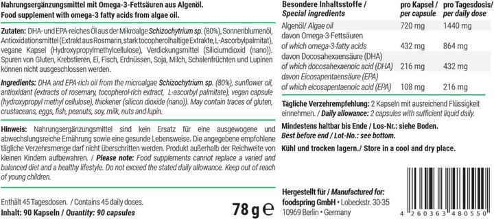 Nutritional values and ingredients Foodspring Omega 3 capsules (1 Piece, Capsules, 78 g)