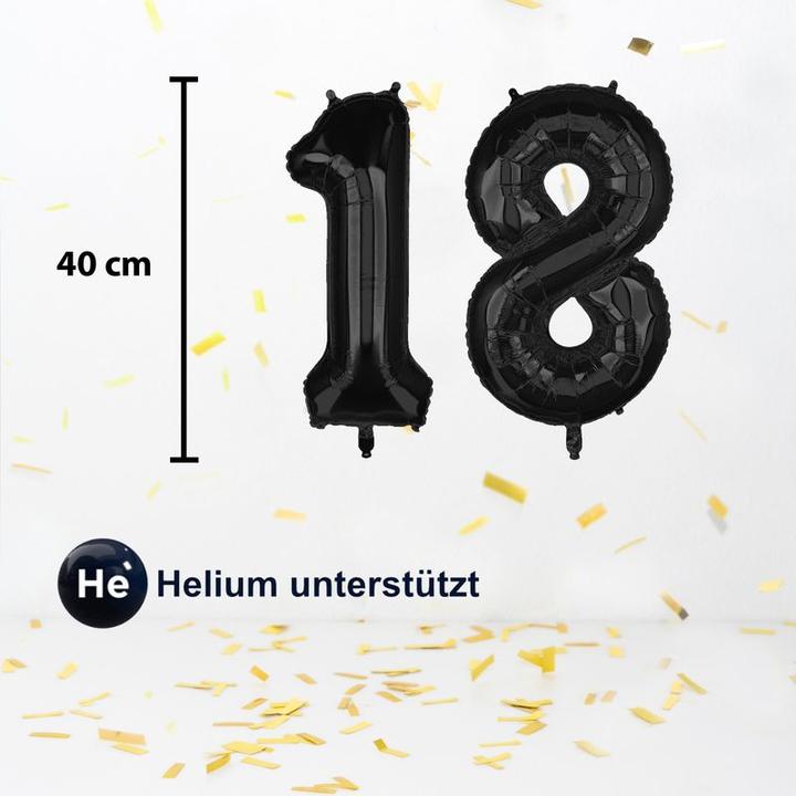 Produktbild Hermex Zahlenballon Zahl 18 Schwarz Folienballon Geburtstagsparty Ballon 40cm