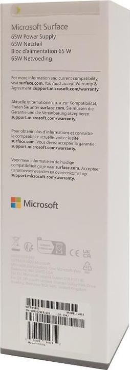 Valeurs nutritives et ingrédients Microsoft Adaptateur secteur Surface 65W for business (CH, DE, AT, FR, BEL, NLD, Eng. Intl.) (65 W)