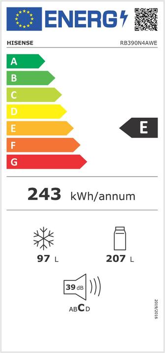 Etichetta energetica Hisense RB390N4AWE frigorifero con congelatore Libera installazione 304 L E Bianco (304 l)