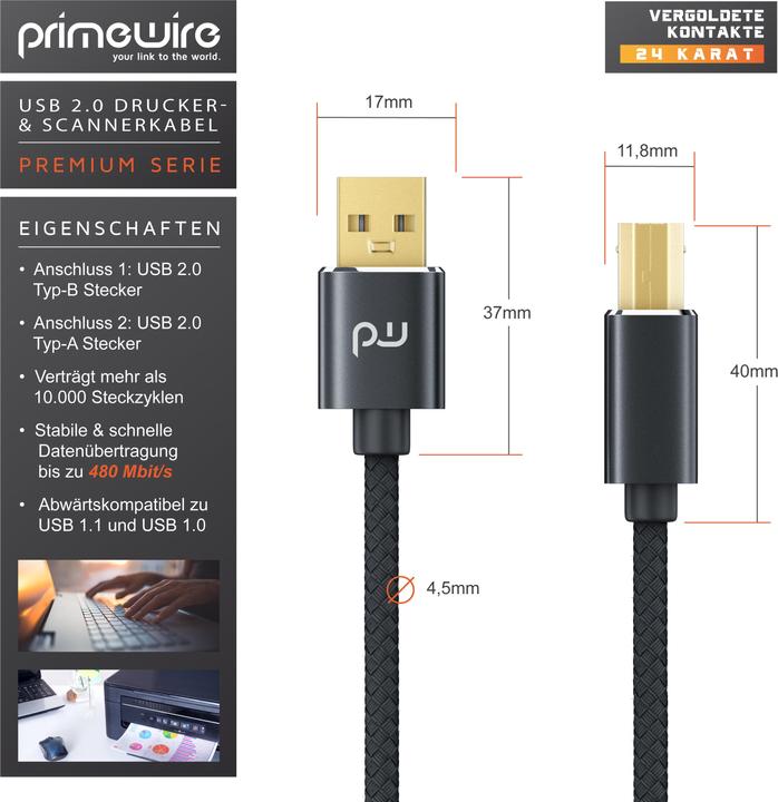 Actual product image Primewire USB cable 2.0, printer cable type A to type B plug, scanner cable with nylon sheath, metal plug (1 m, USB 2.0)
