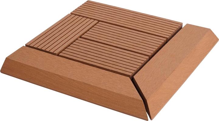 Produktbild Swisshandel24 WPC Eck-Bodenfliese Rhone + Abschluss, Holzoptik Terrasse, 30x30cm Premium Ecke, teak versetzt (1 x, 30 x 30 cm)