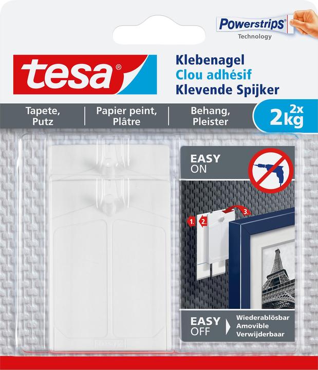 Clou adhésif pour papier peint & plâtre, 2kg de tenue, détachable sans trace & réutilisable, 2 clous