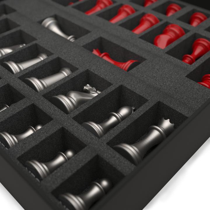 Produktbild Skyline Chess Schachspiel - Serie Stahl - Rot vs Silber - Gloss finish (with Wooden Gradient Square Board)