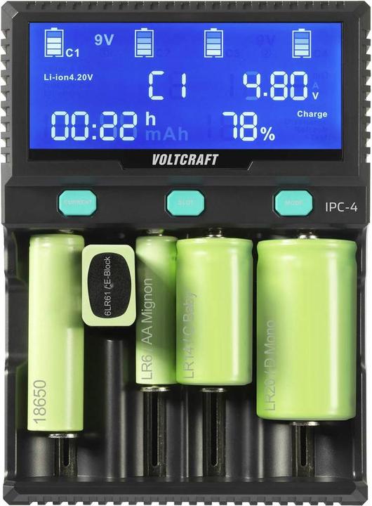 Productafbeelding Voltcraft IPC-4 rondcellige oplader LiIon, LiFePO, NiMH, NiCd, LiFePO4 A, Mignon (AA), Micro (AAA) (1 Pcs., 10440, 14500, 16340, 17335, 17500, 17670, 18490, 18650, 21700, 22650, 26500, 26650, 32650, AAA, A, AA, Sub-C, Lader zonder batterij)