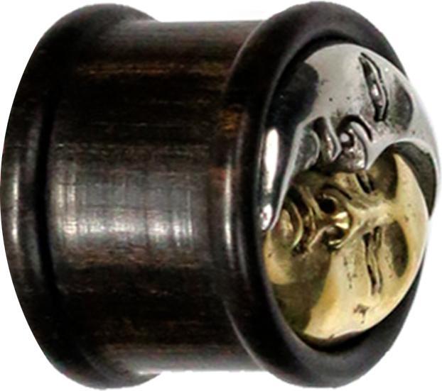 Image du produit Star Piercing Flared Plug Fleur Soleil et Lune en bois d'arang (Organique, Laiton)