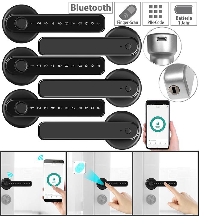 Immagine prodotto VisorTech Ferramenta per porte con scanner di impronte digitali, PIN e app, set da 3 (Set di porte)
