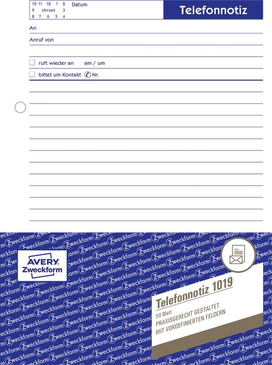Nährwerte und Zutaten Avery Telefonnotiz (50 x)