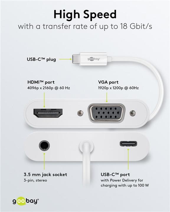 Produktbild Goobay USB-C™ Multiport-Adapter HDMI™+VGA+PD 100 W, 1 Stk. im Polybeutel, Weiss (HDMI, VGA)