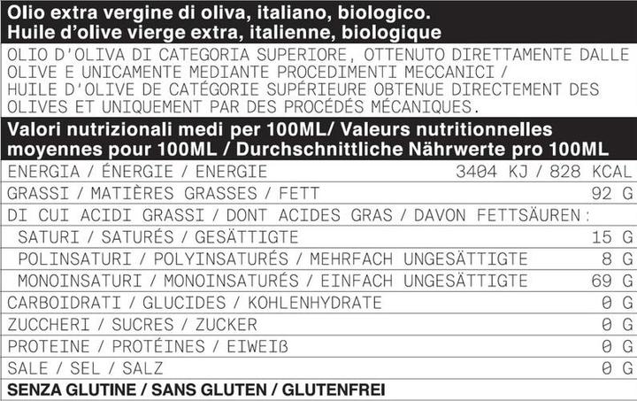 Nährwerte und Zutaten Ólixir Natives Olivenöl Extra Bio (500 ml)