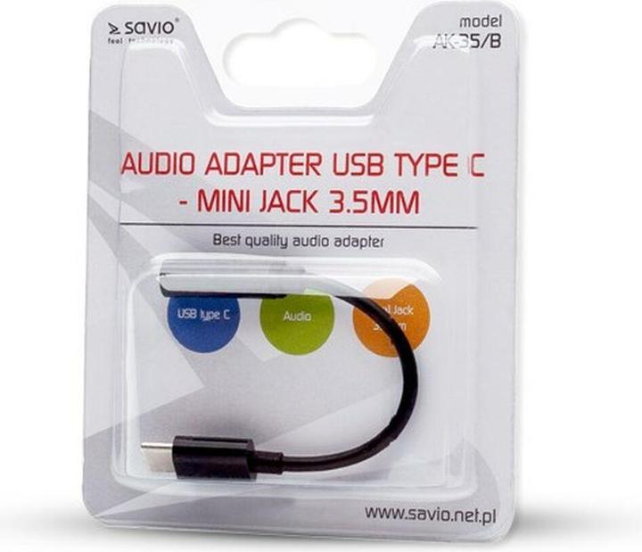 Produktbild Savio Adapter Audio – USB Typ 3.1 C (M) – Klinkenstecker 3 5mm (F) – Schwarz AK-35B (0.12 m, USB)