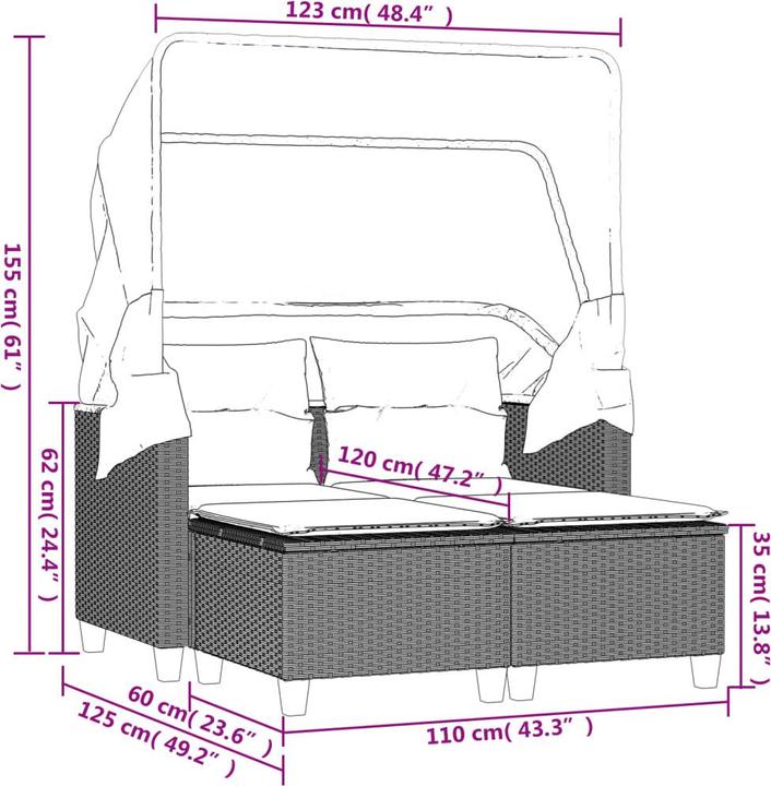 Image du produit VidaXL Canapé de jardin 2 places avec toit et poufs