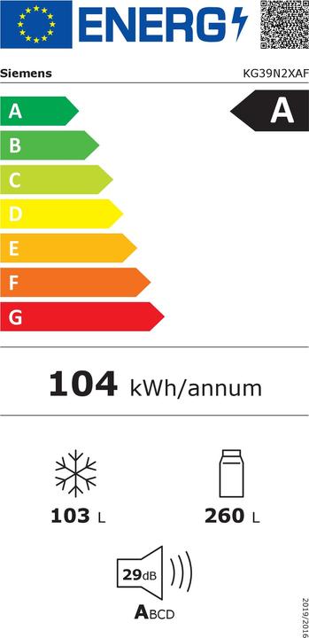 Etichetta energetica Siemens KG39N2XAF Frigorifero combinato a libera installazione (364 l)