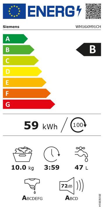 Energie-Label Siemens WM16XM91CH Waschmaschine (10 kg, Links)