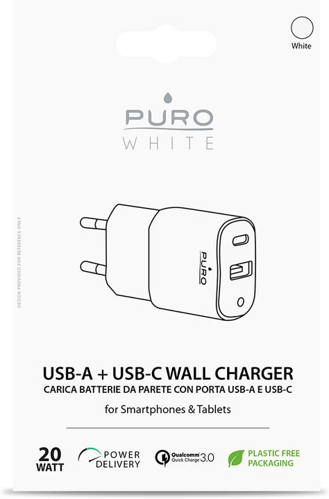 Actual product image Puro Mini Fast Travel Charger 1 x USB-A 1 x USB-C 3A (PUR414WHT) (20 W)