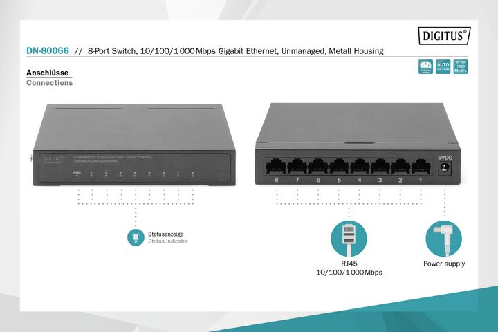 Produktbild Digitus 8-Port Gigabit Switch, Desktop, Unmanaged, Metallgehäuse (8 Ports)
