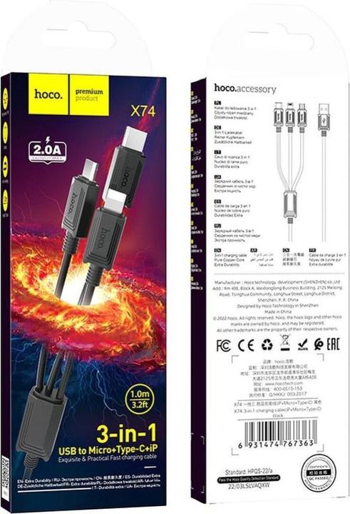 Immagine prodotto Hoco Cable cable 3in1 USB A to Lightning / Micro USB / Type C 2A X76 1 m black (1 m)