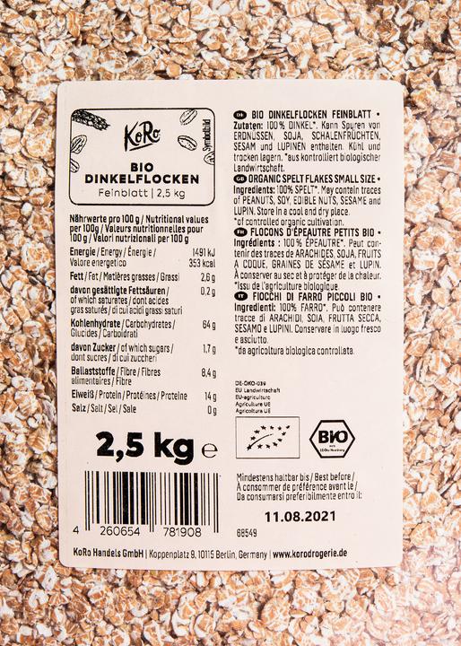 Nährwerte und Zutaten KoRo Bio Dinkelflocken Feinblatt (2500 g)
