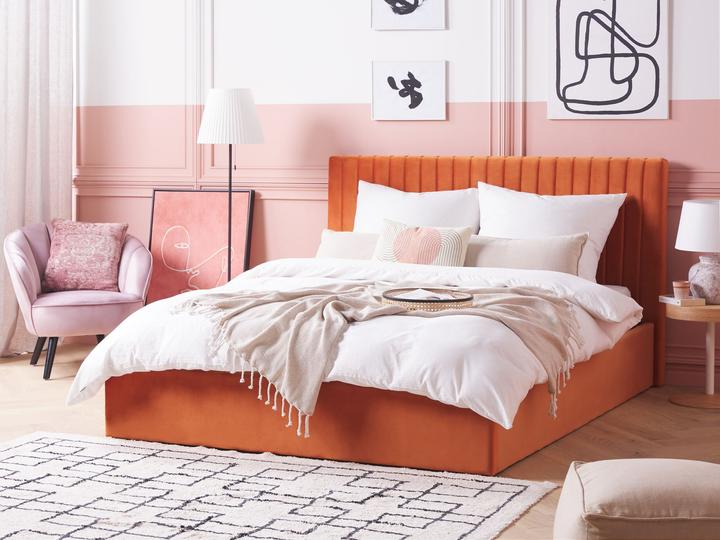 Image du produit Beliani Lit rembourré tissu velours orange avec espace de rangement 160 x 200 cm VION (160 x 200 cm)