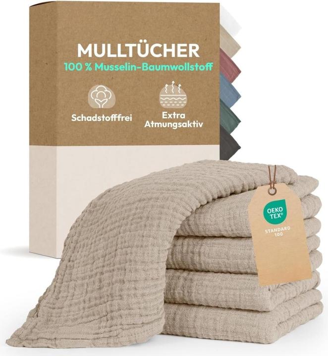 Actual product image Milkii Mulltuch / Spucktücher Set, 5 Stück, 70x70 cm, Beige (70 cm, 70 cm)