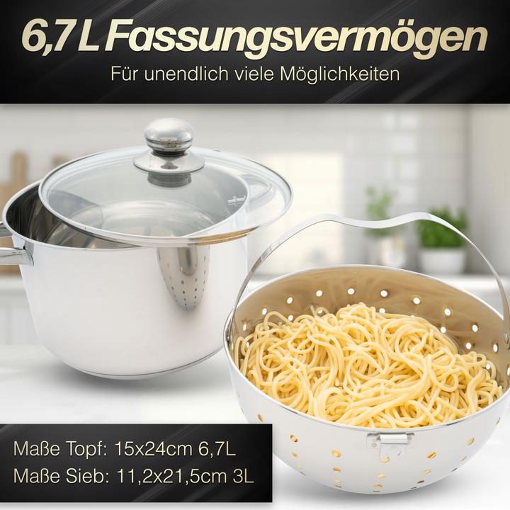 Produktbild Beyond Edelstahl 24cm mit Glasdeckel & herausnehmbarem Siebeinsatz (24 cm, Kochtopf, Edelstahl)